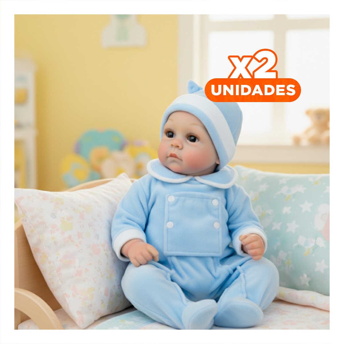 PACK2 MUNECA DE BEBE REALISTA CON ROPA CONFORTABLE Y GORRO CELESTE PARA CASA Y+REGALO STICKER - 1