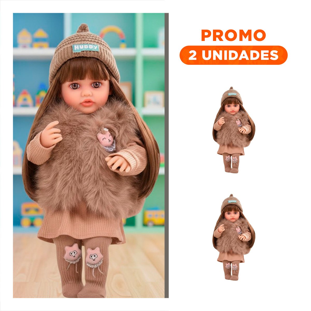 PACK2 MODELO YESSY 55CM CON CONJUNTO INFANTIL MARRON COMPLETO CHALECO PELUCHE Y VESTIDOS - 1