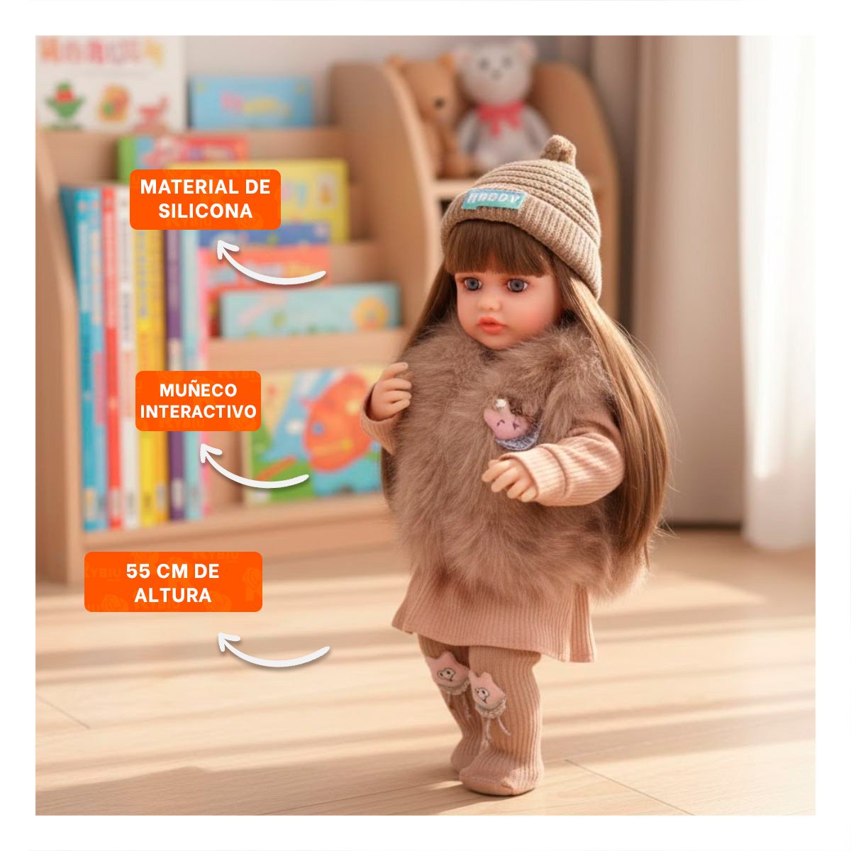 PACK2 MODELO YESSY 55CM CON CONJUNTO INFANTIL MARRON COMPLETO CHALECO PELUCHE Y VESTIDOS - 5