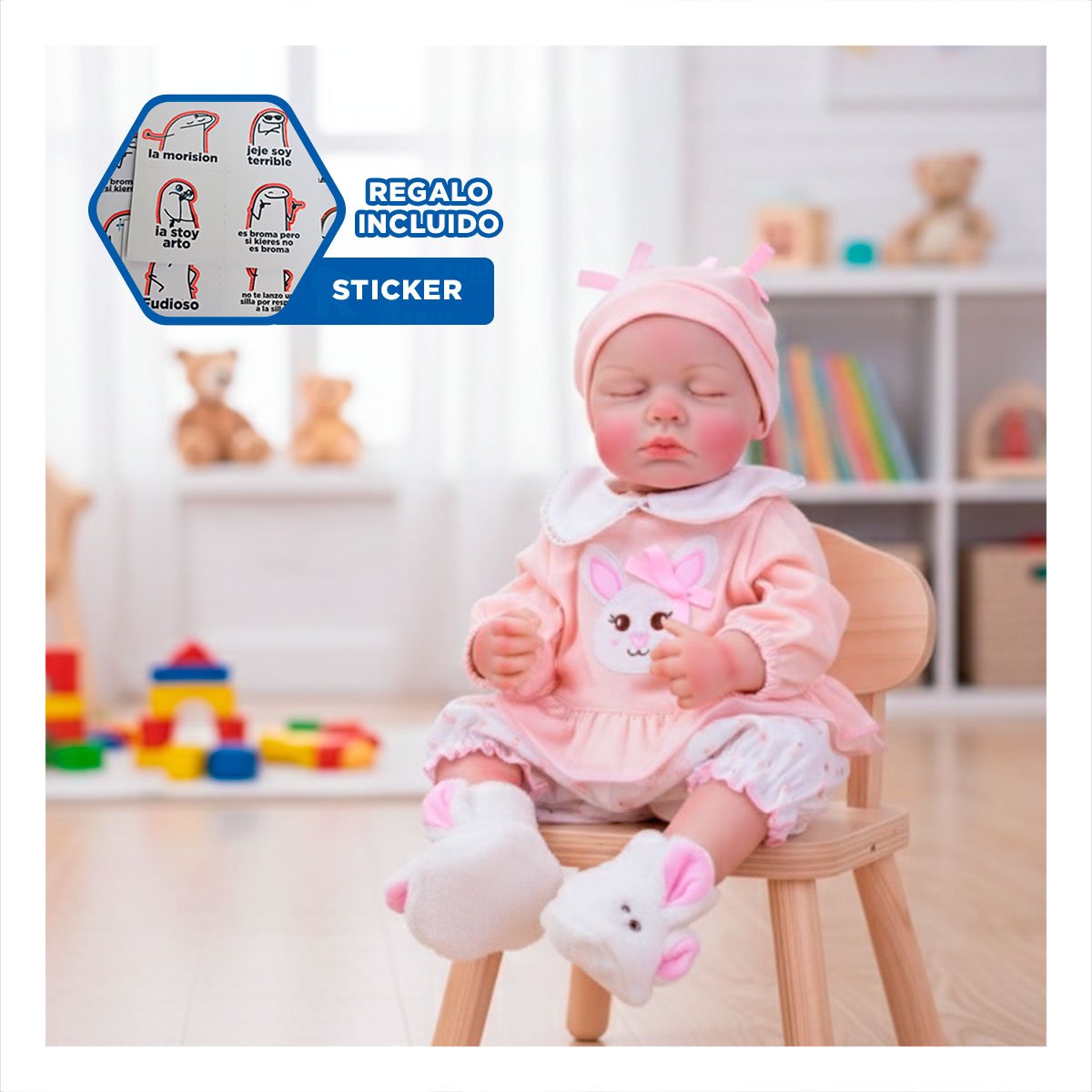 JUGUETE INFANTIL CON DISFRAZ CONEJO ROSADO 50CM Y+REGALO STICKER - 1