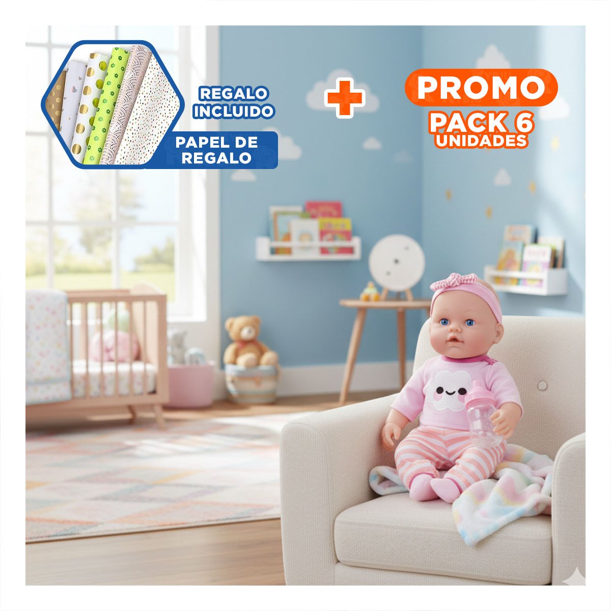PACK6 MUNECA SUAVE ROSADA CON CHOMPA NUBE Y PANTALON RAYAS PARA BEBE EN HOGAR Y+PAPEL REGALO - 1