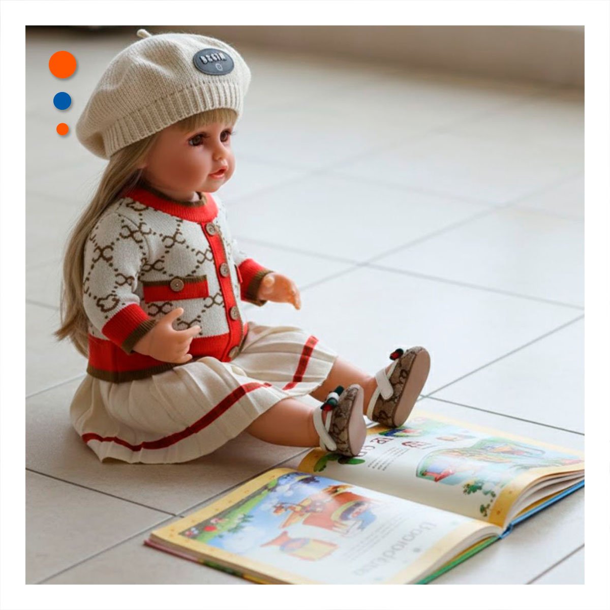 JUGUETE YESSY CON CHOMPA TEJIDA FALDA PLIZADA BEIGE Y ROJO 55CM CON GORRO - 1
