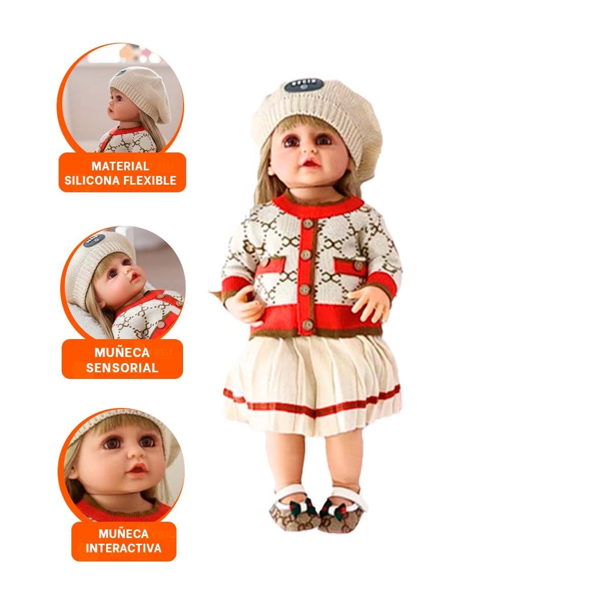 JUGUETE YESSY CON CHOMPA TEJIDA FALDA PLIZADA BEIGE Y ROJO 55CM CON GORRO - 3