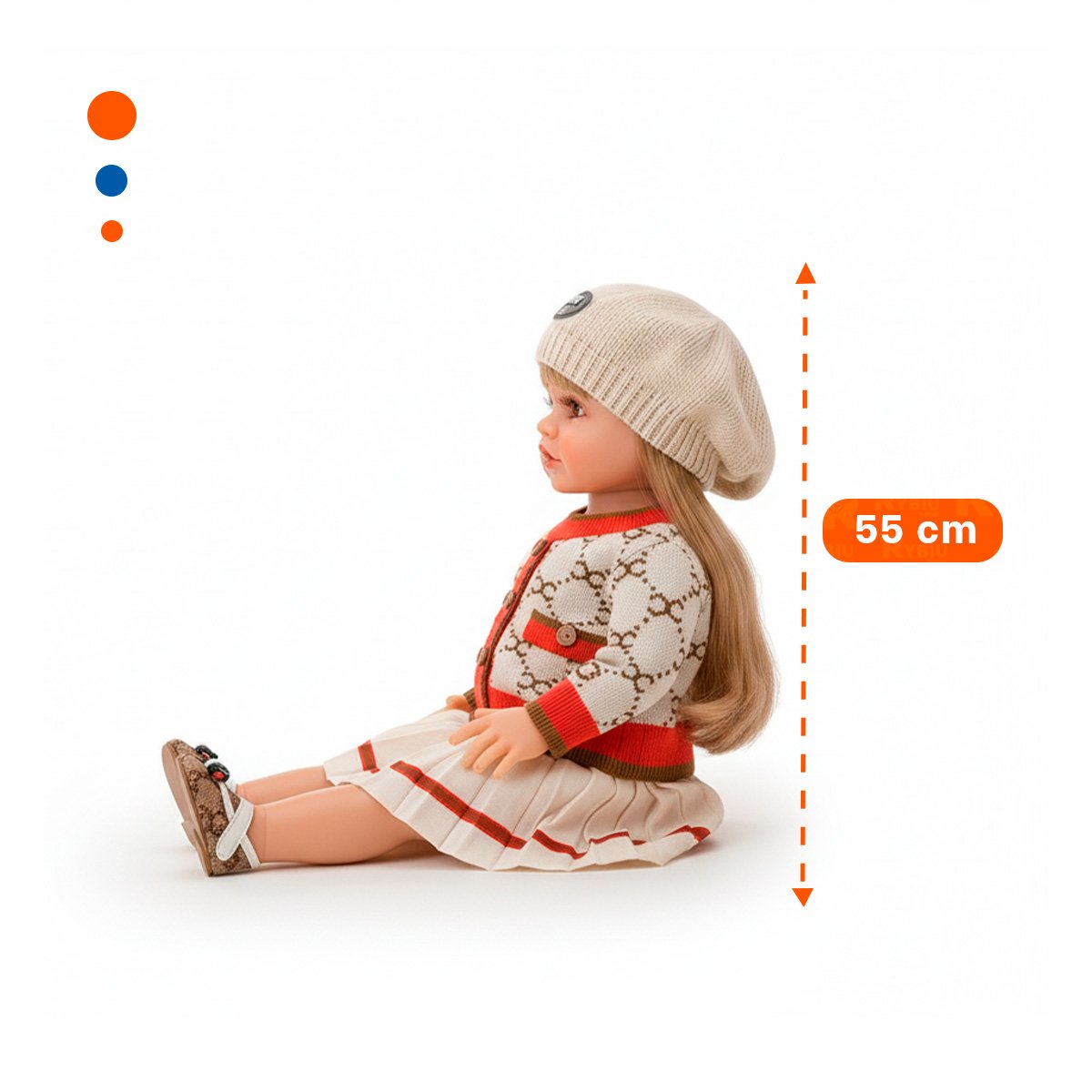 JUGUETE YESSY CON CHOMPA TEJIDA FALDA PLIZADA BEIGE Y ROJO 55CM CON GORRO - 4