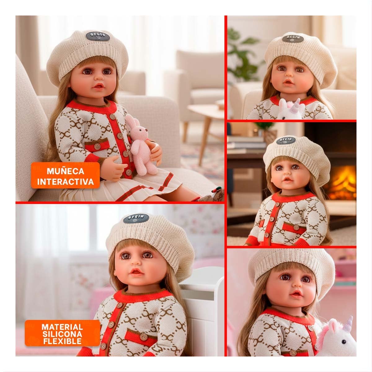 JUGUETE YESSY CON CHOMPA TEJIDA FALDA PLIZADA BEIGE Y ROJO 55CM CON GORRO - 5