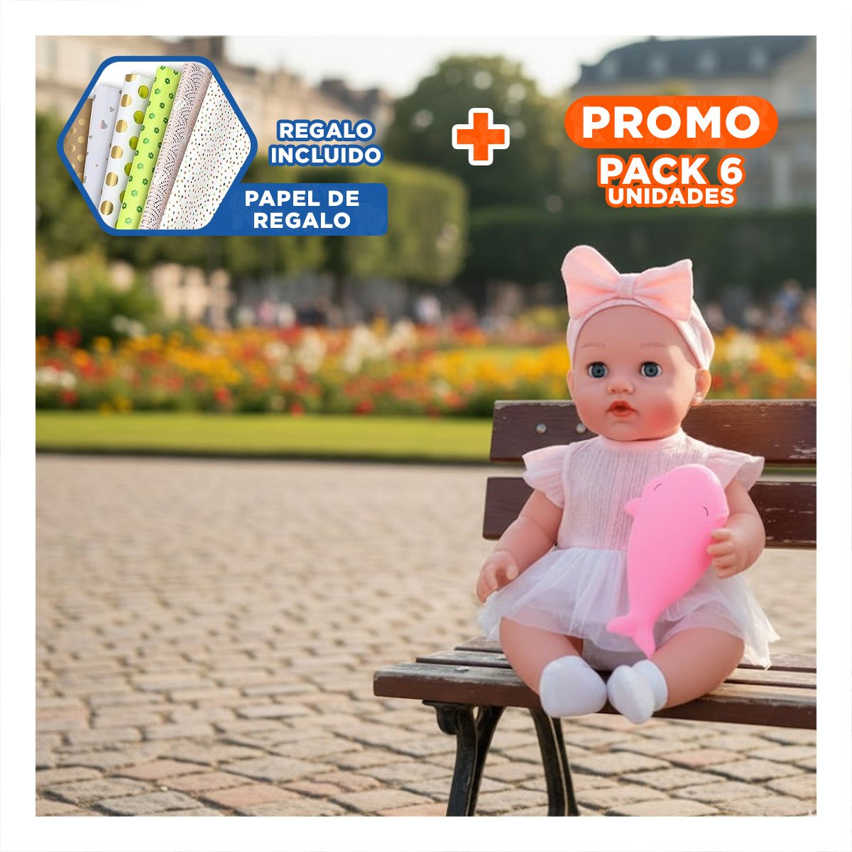 PACK6 BEBE SUAVE CON VESTIDO Y LAZO ACCESORIOS ROSADO PARA MOMENTOS DE JUEGO Y+PAPEL REGALO - 1