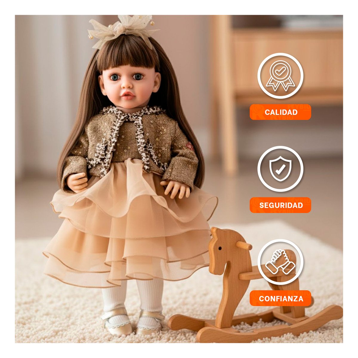 PACK2 FIGURA YESSY 55CM CON PRESENCIA INFANTIL Y VESTIDO EN CAPAS TULL MARRON Y+REGALO STICKER - 5