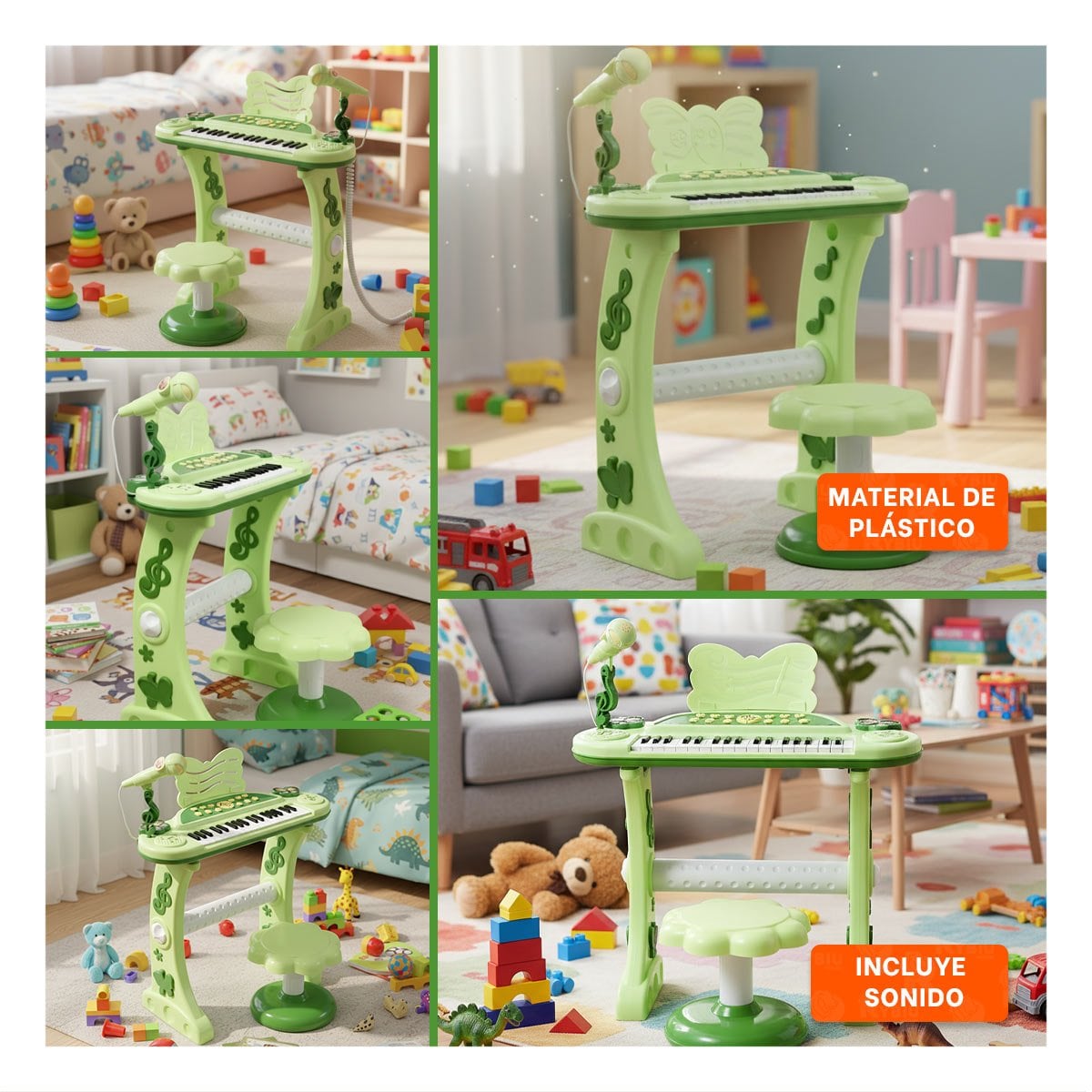 INSTRUMENTO DE JUGUETE CON MICROFONO Y SILLA VERDE PARA DIVERSION Y+POST IT - 1