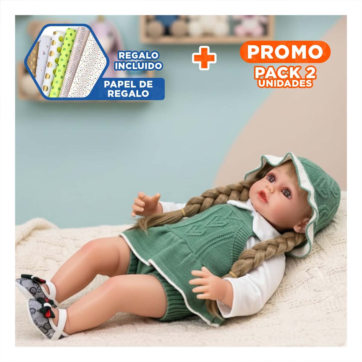 PACK2 TOP TEJIDO PARA BEBE CON SHORT Y GORRO EN TONO VERDE Y+PAPEL REGALO - 1