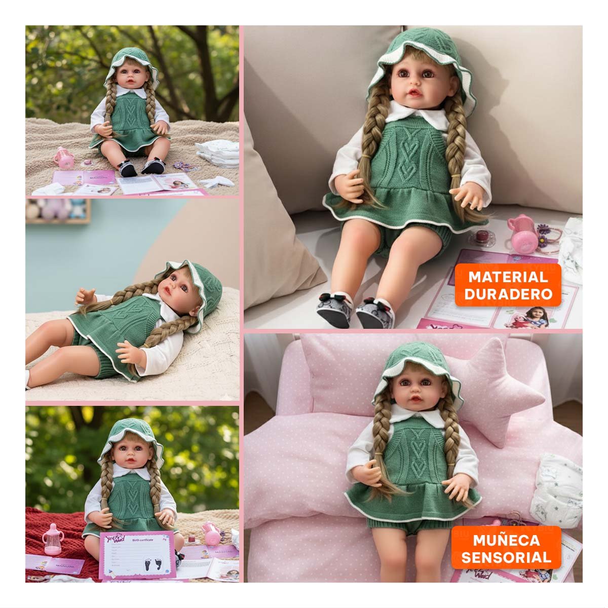 PACK2 TOP TEJIDO PARA BEBE CON SHORT Y GORRO EN TONO VERDE Y+PAPEL REGALO - 3