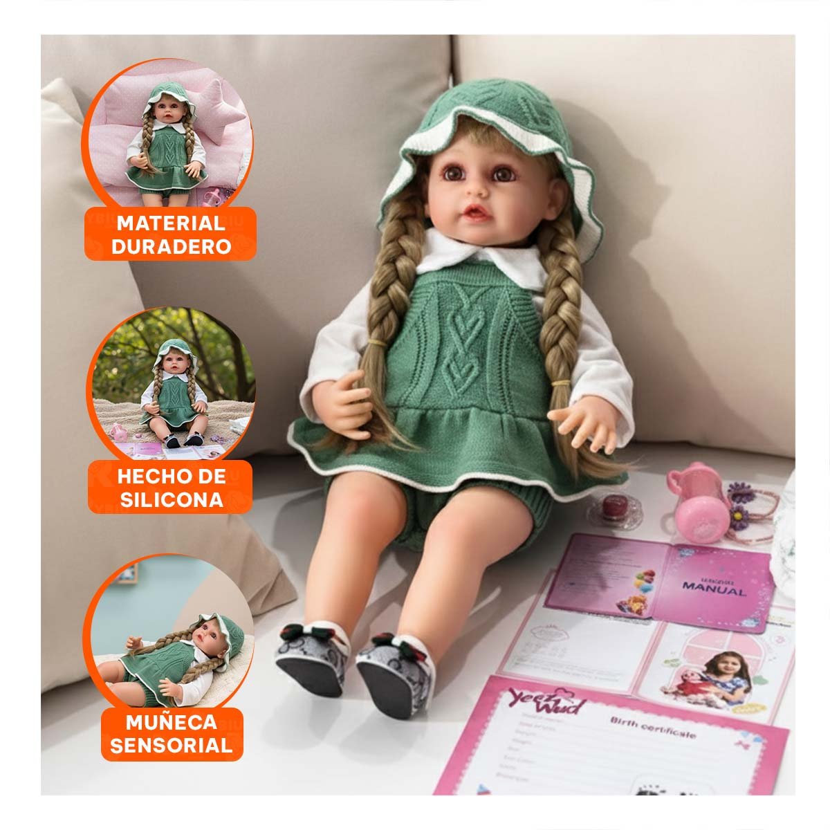 PACK2 TOP TEJIDO PARA BEBE CON SHORT Y GORRO EN TONO VERDE Y+PAPEL REGALO - 5