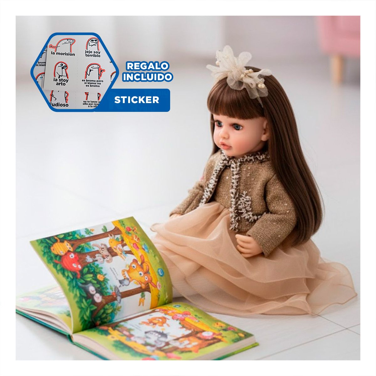 BEBE YESSY 55CM CON ATUENDO INFANTIL MARRON VESTIDO CAPAS TULL Y VINCHA Y+REGALO STICKER - 1