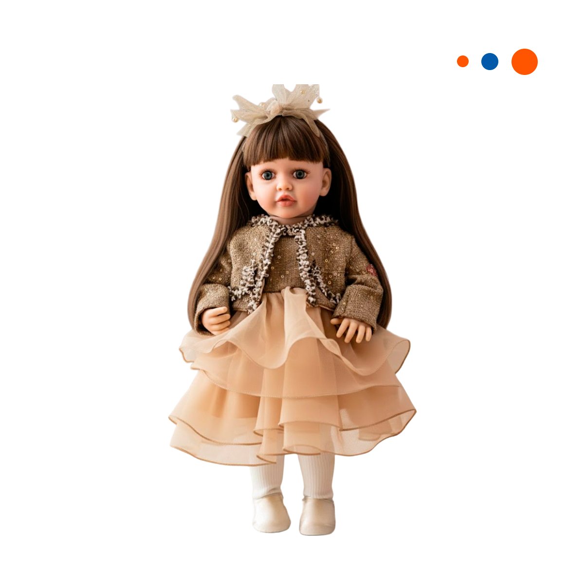BEBE YESSY 55CM CON ATUENDO INFANTIL MARRON VESTIDO CAPAS TULL Y VINCHA Y+REGALO STICKER - 3