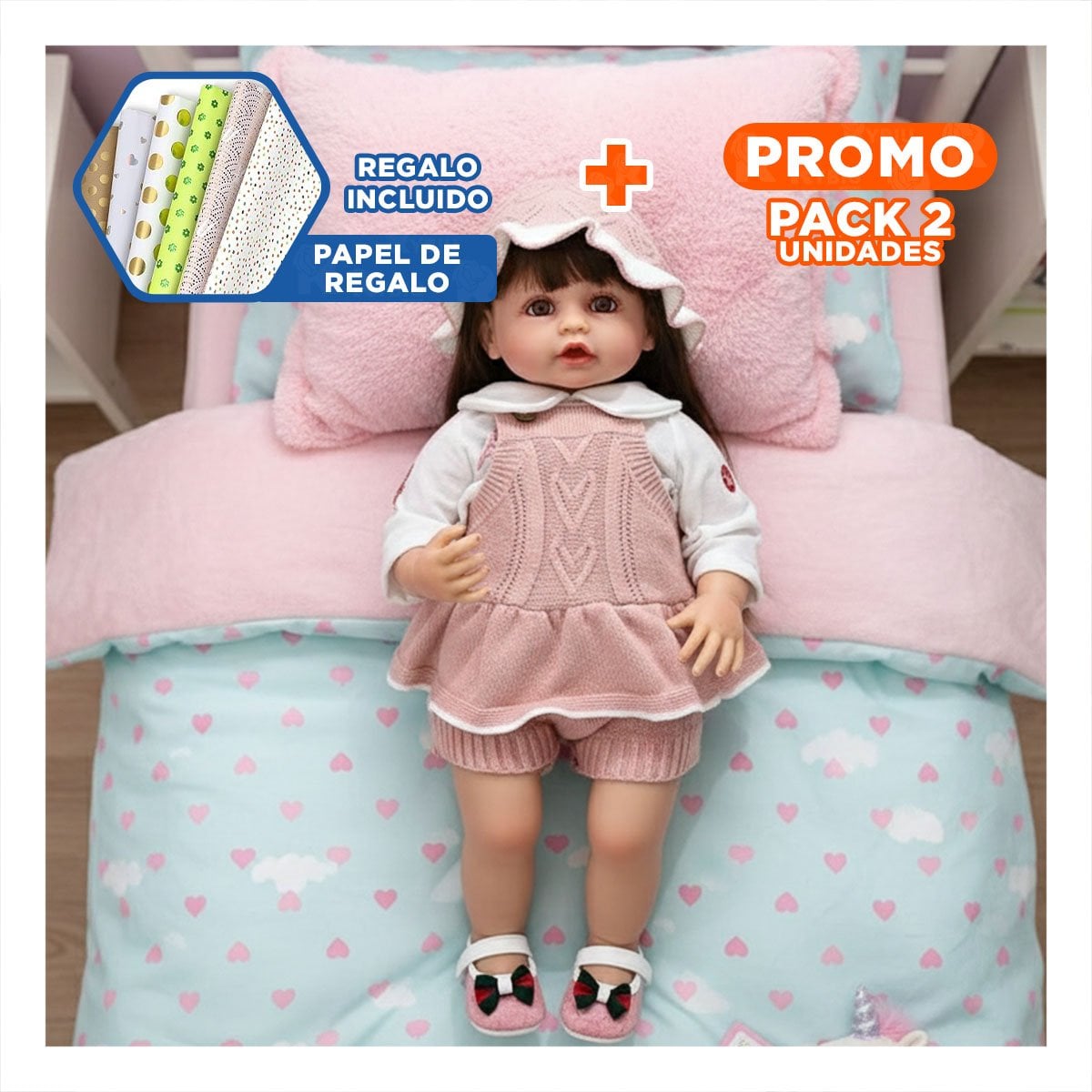 PACK2 TOP TEJIDO PARA BEBE CON SHORT Y GORRO EN TONO ROSADO Y+PAPEL REGALO - 1