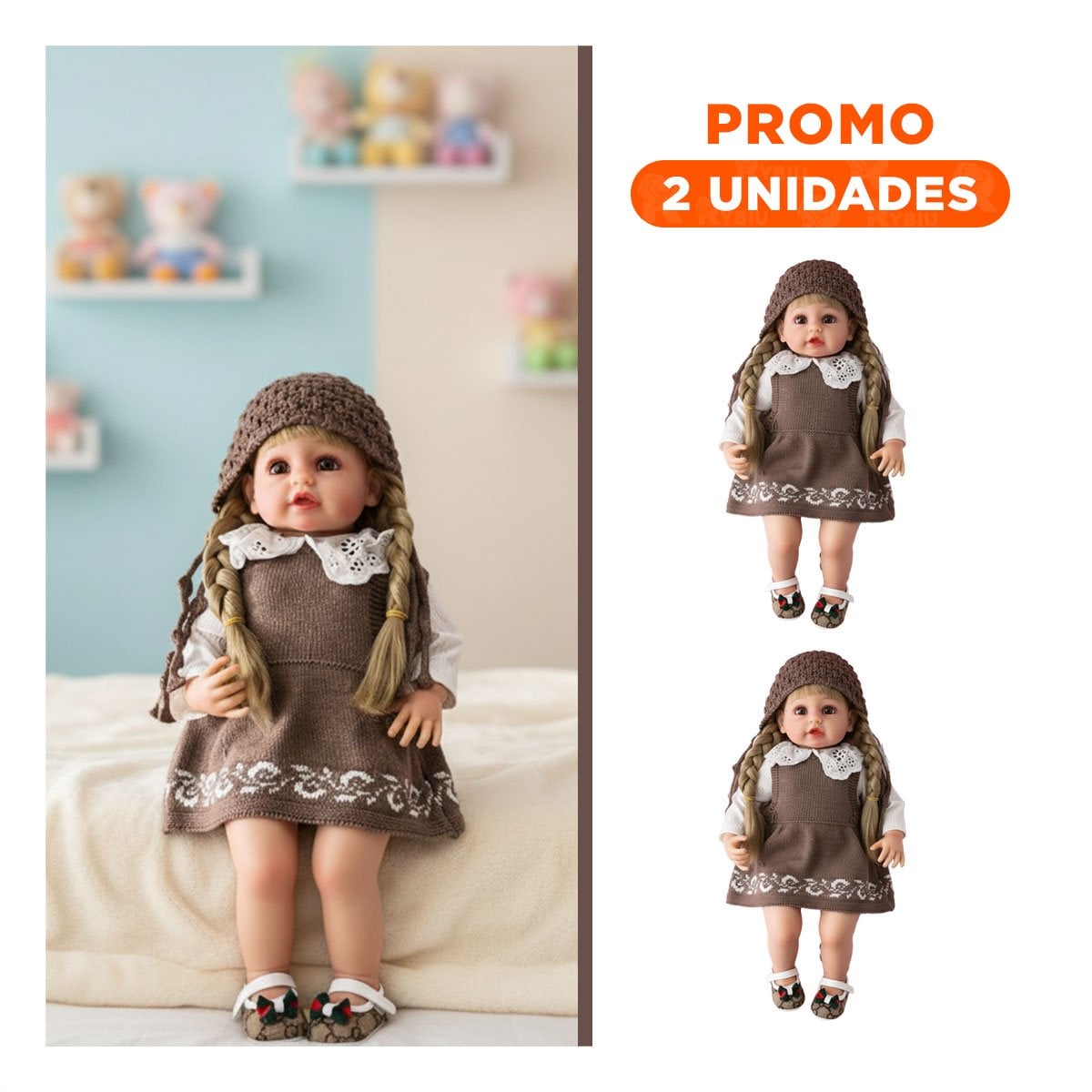 PACK2 PRENDA INFANTIL TEJIDA MARRON CON VESTIDO Y GORRO COMODO - 1