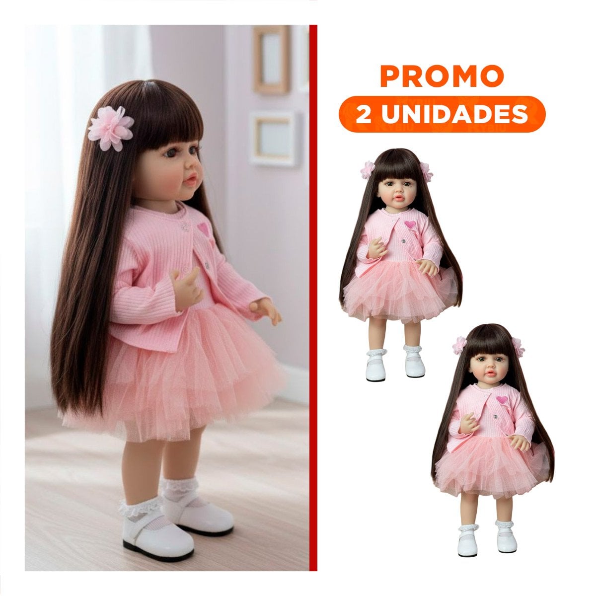 PACK2 AMIGA REALISTA CON VESTIDO TULL Y CHOMPA TEJIDA CORAZON INTELIGENTE ROSADO 55CM - 1