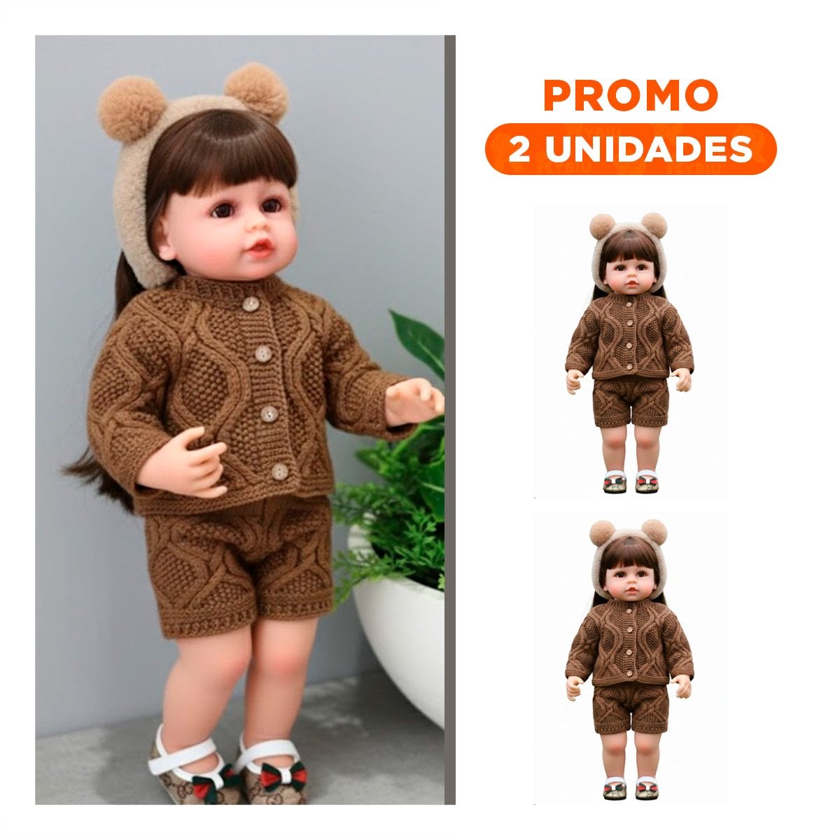PACK2 DOLL YESSY CON CHOMPA Y SHORT TEJIDO MARRON CON VINCHA OREJAS NINA 55CM - 1