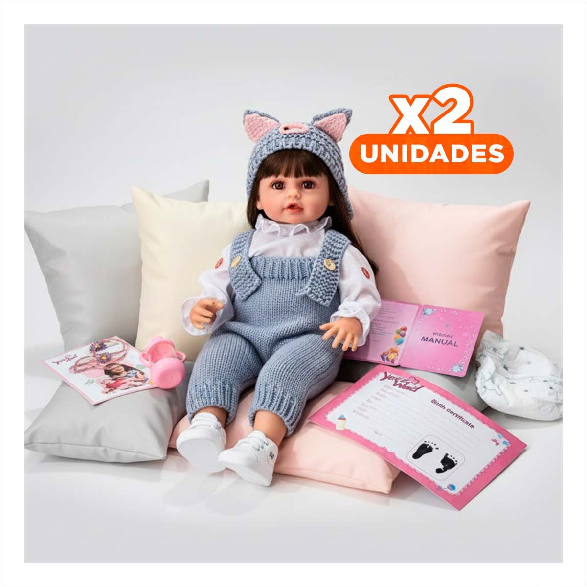 PACK2 ENCANTADORA YESSY INFANTIL 55CM CON OVEROL TEJIDO Y GORRO CELESTE Y+REGALO STICKER - 1