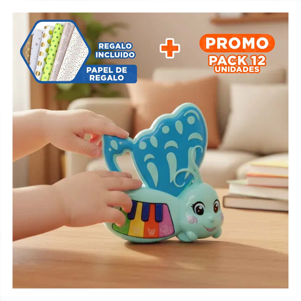 PACK12 MELODIA DE JUGUETE MARIPOSA CELESTE 22X26 CM PARA NINOS Y+PAPEL REGALO - 1