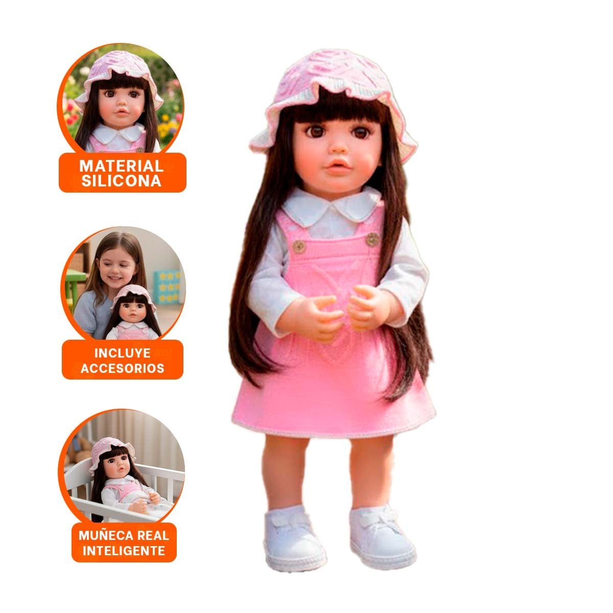 BEBE REAL INTELIGENTE PARA NIÑA CON VESTIDO OVEROL Y SOMBRERO TEJIDO ROSADO 55CM - 3