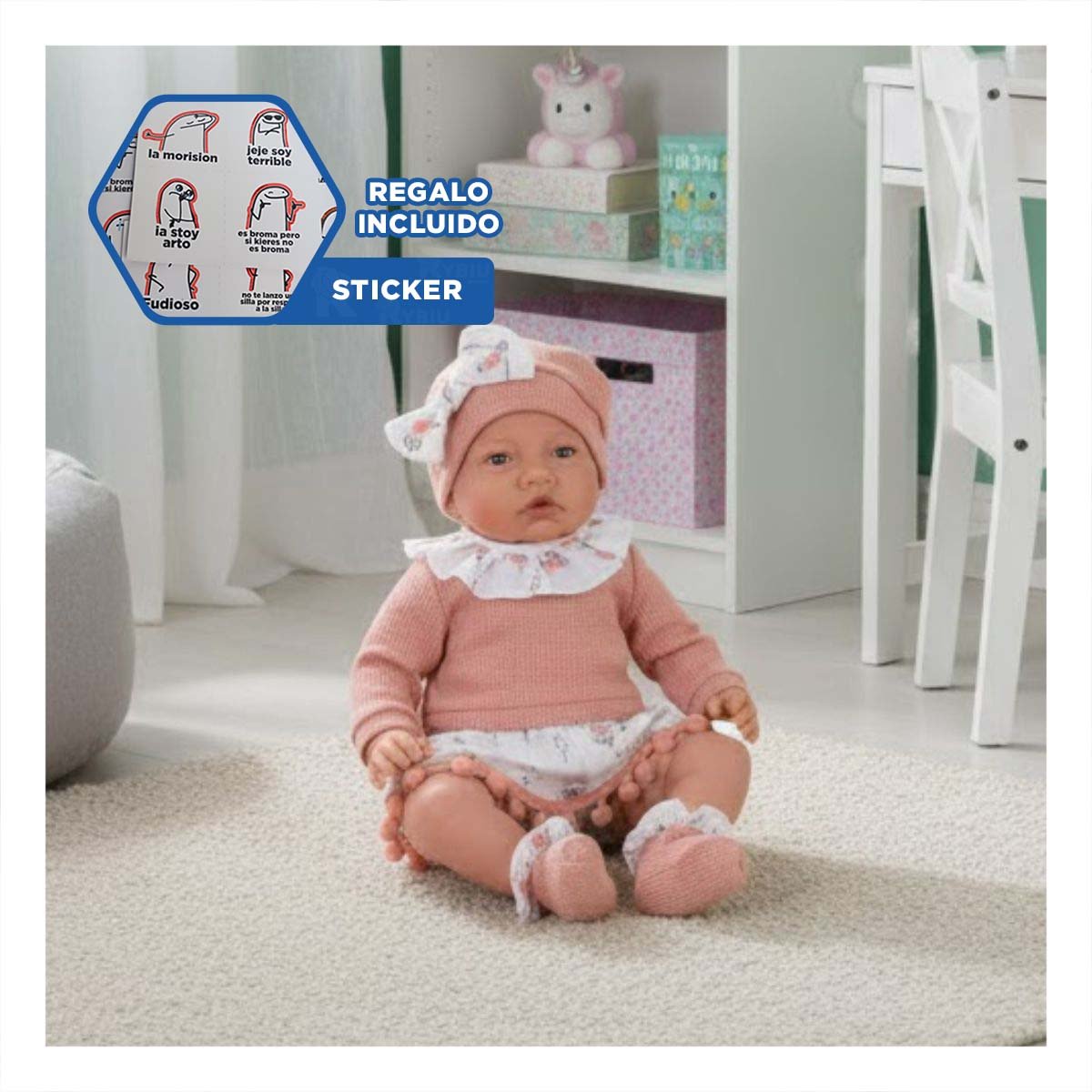 BEBE DE JUEGO KIKI BABY 42CM ROPA ROSADO POLO SHORT Y GORRO Y+REGALO STICKER - 1