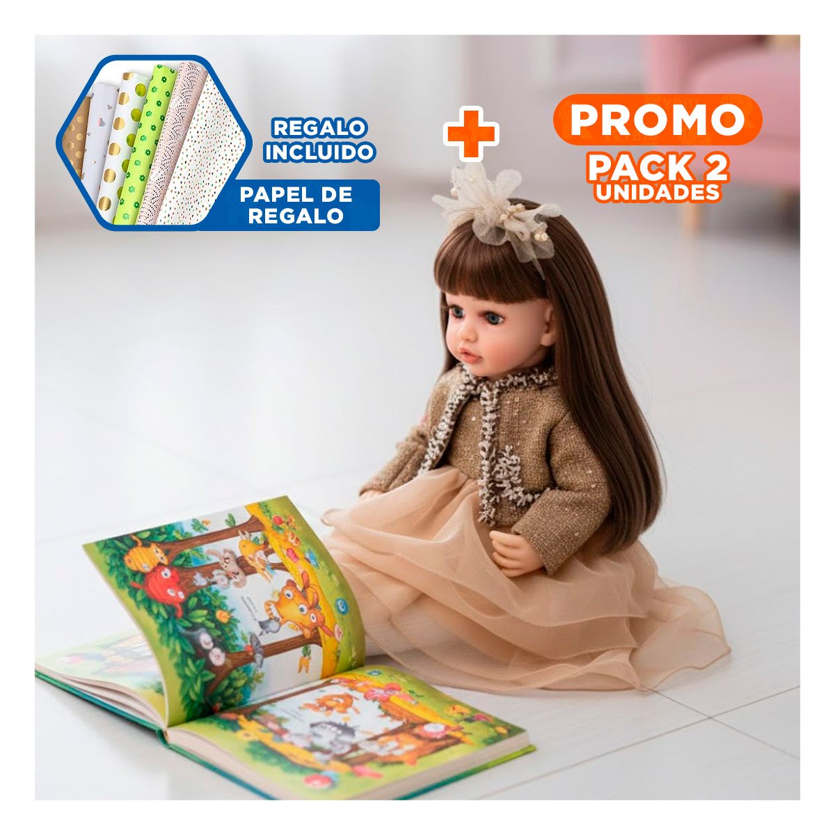 PACK2 FIGURA YESSY CON ATUENDO MARRON INFANTIL DE INSPIRACION CLASICA 55CM Y+PAPEL REGALO - 1