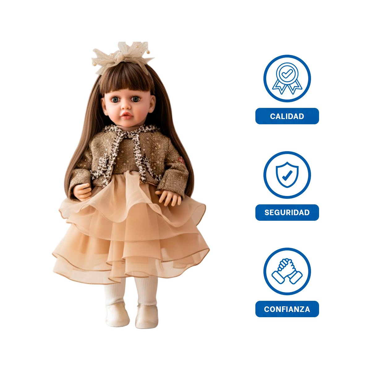 BEBE YESSY CON ROPA MARRON VESTIDO CAPAS TULL CHOMPA ESTILO INFANTIL 55CM Y+LIGAS REGALO - 3