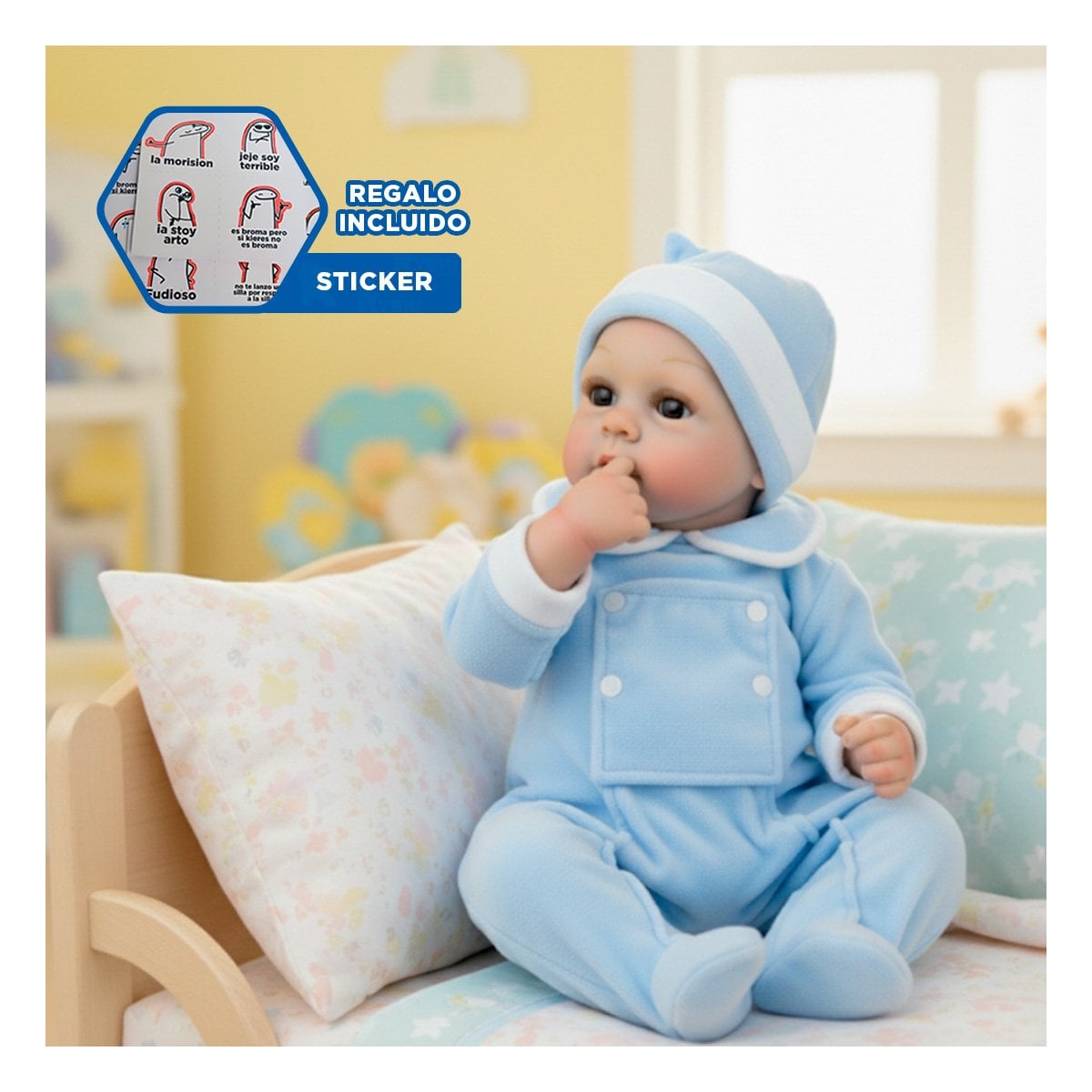 MUNECA SUAVE DE BEBE REALISTA CON ENTERIZO Y GORRO CELESTE PARA CASA Y+REGALO STICKER - 1