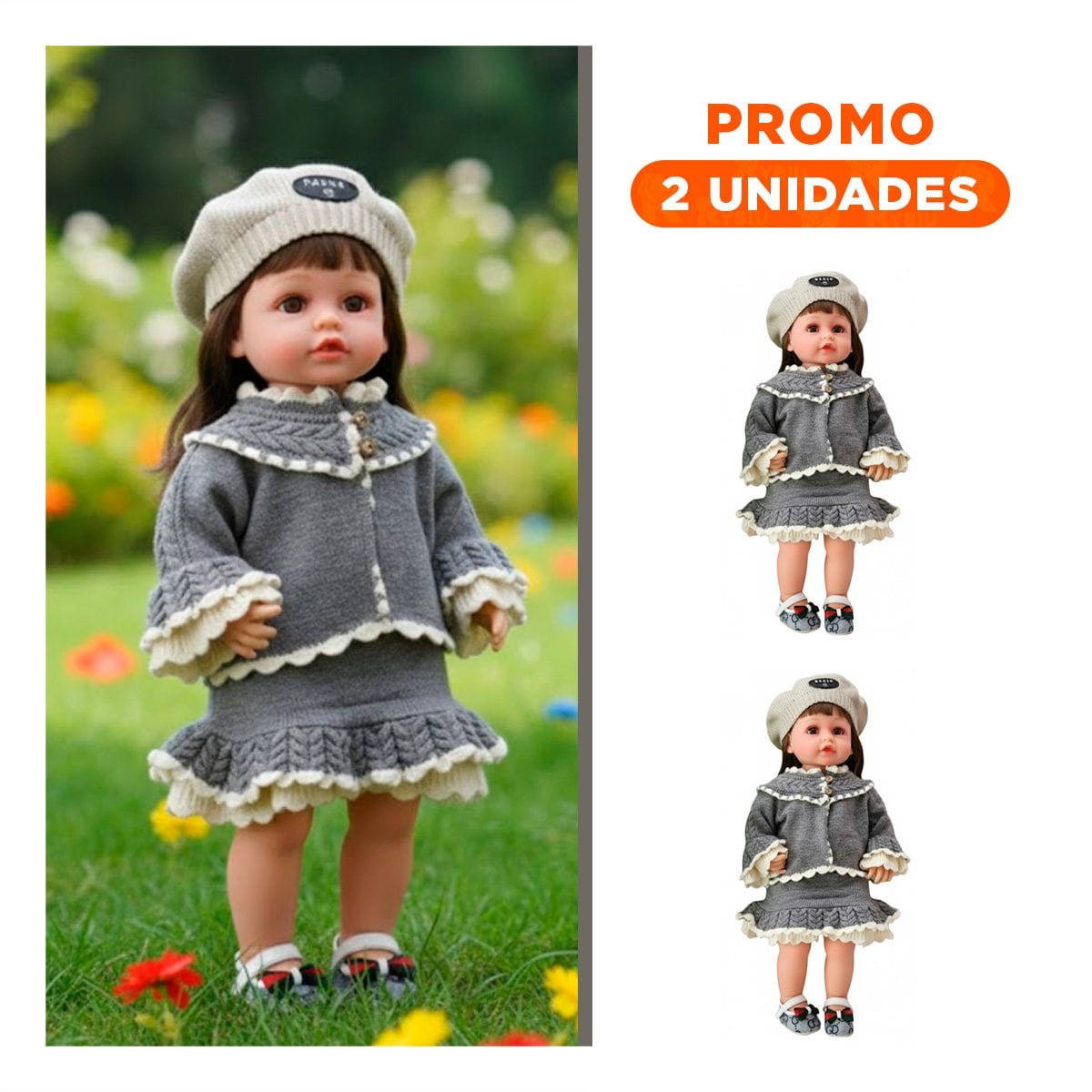 PACK2 MUÑECA YESSY CON CHOMPA Y VESTIDO VOLANTES TEJIDO PLOMO 55CM CON GORRO - 1