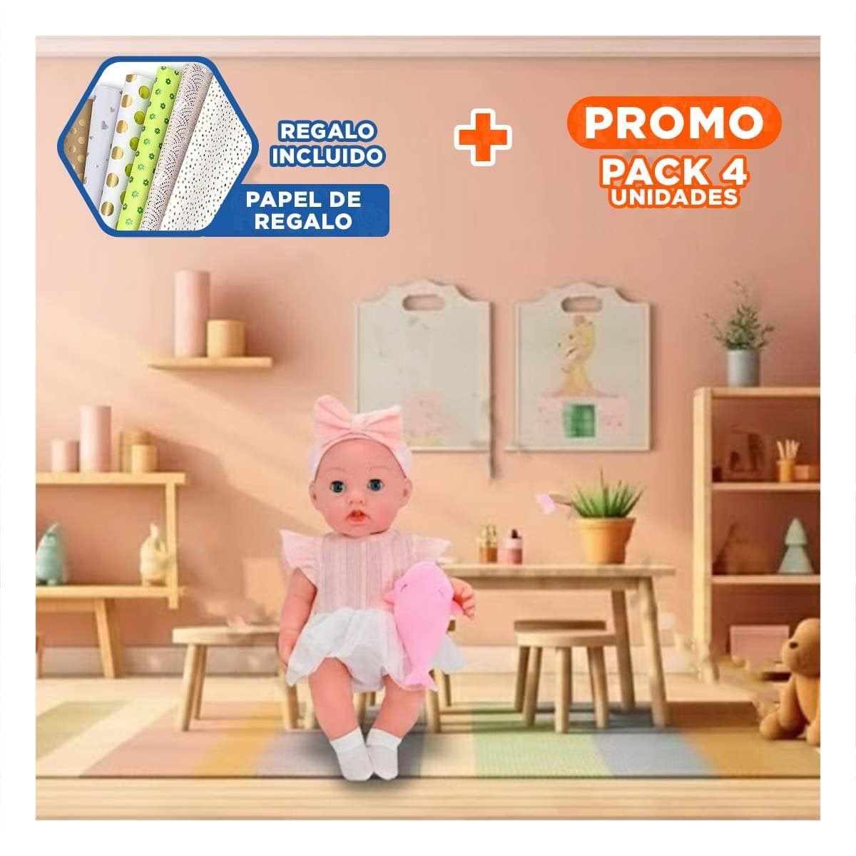 PACK4 PERSONAJE CLASICO CON VESTIDO Y LAZO ACCESORIOS ROSADO PARA JUEGO CASERO Y+PAPEL REGALO - 1