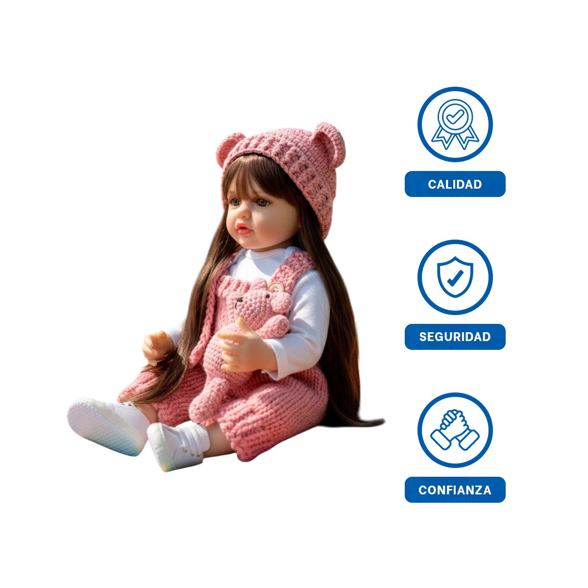 BEBE SENSORIAL DE JUEGO CON OVEROL TEJIDO Y GORRO OREJITAS EN 55CM ROSADO Y+LIGAS REGALO - 3
