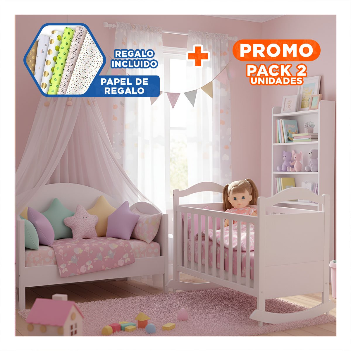 PACK2 TRADICIONAL ROSADA CON VESTIDO MARIPOSAS BIBERON Y SONAJA DECORACION HOGAR Y+PAPEL REGALO - 1
