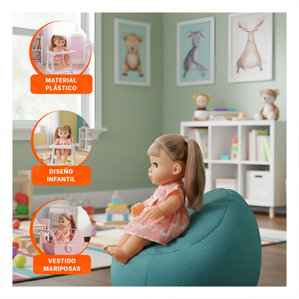 PACK2 TRADICIONAL ROSADA CON VESTIDO MARIPOSAS BIBERON Y SONAJA DECORACION HOGAR Y+PAPEL REGALO - 5