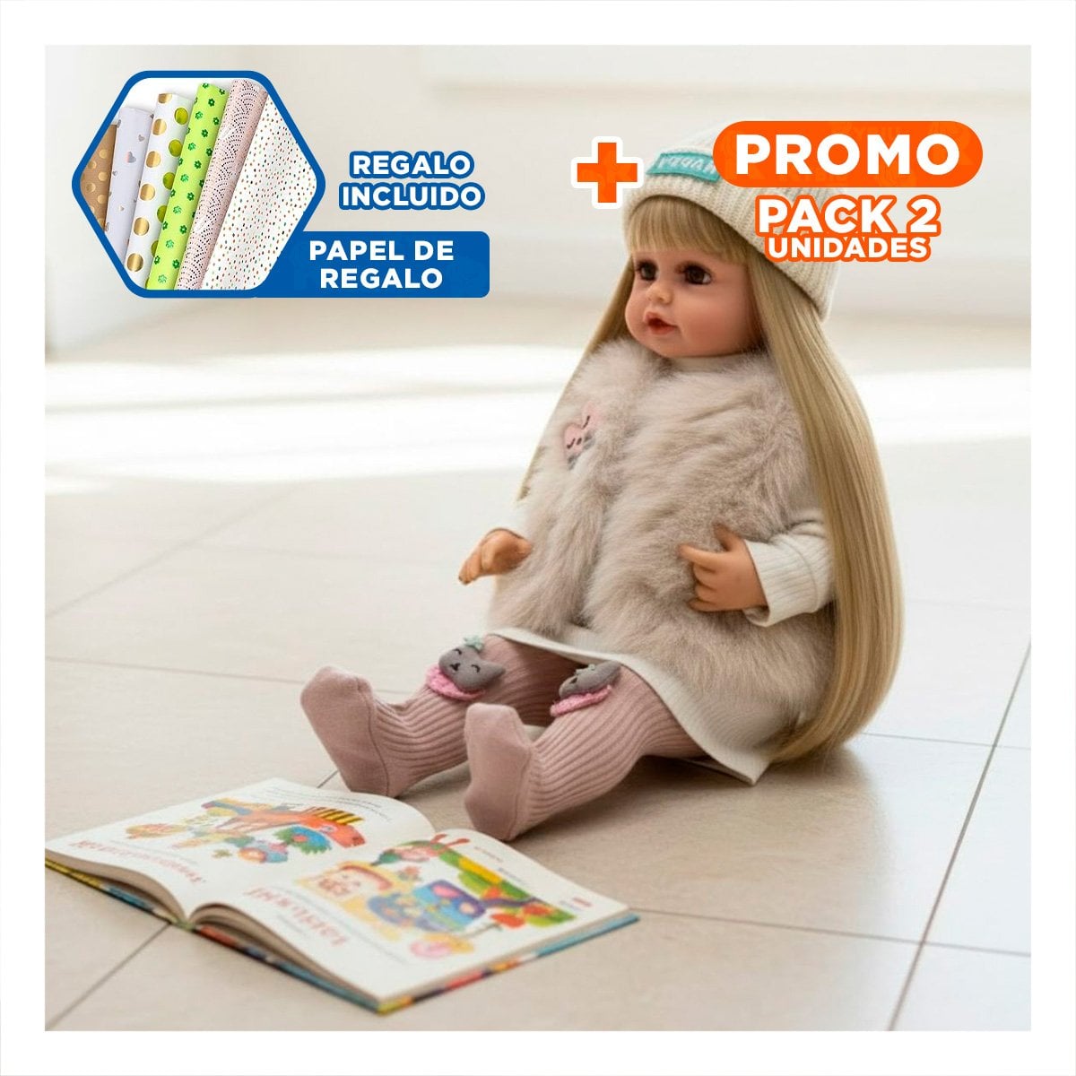 PACK2 NENA YESSY CON ATUENDO BLANCO 55CM CHALECO PELUCHE Y PRENDAS SUAVES Y+PAPEL REGALO - 1