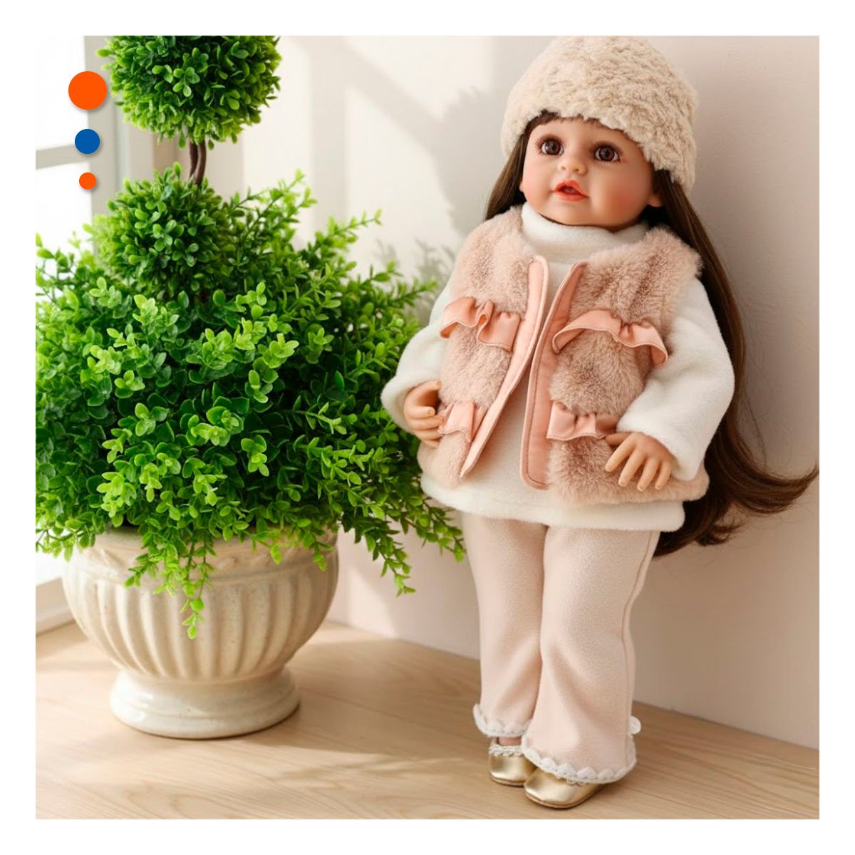 MODELO YESSY 55CM CON VESTUARIO INFANTIL BEIGE Y ESTILO REFINADO - 1