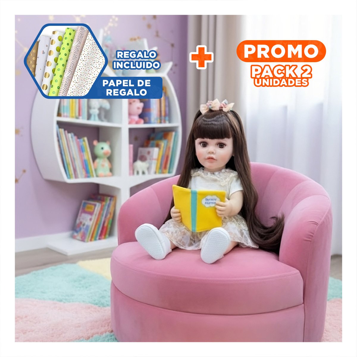 PACK2 FIGURA REAL INTELIGENTE DE JUGUETE CON ROPA TEJIDA TIERNO ROSADO 55CM Y+PAPEL REGALO - 1