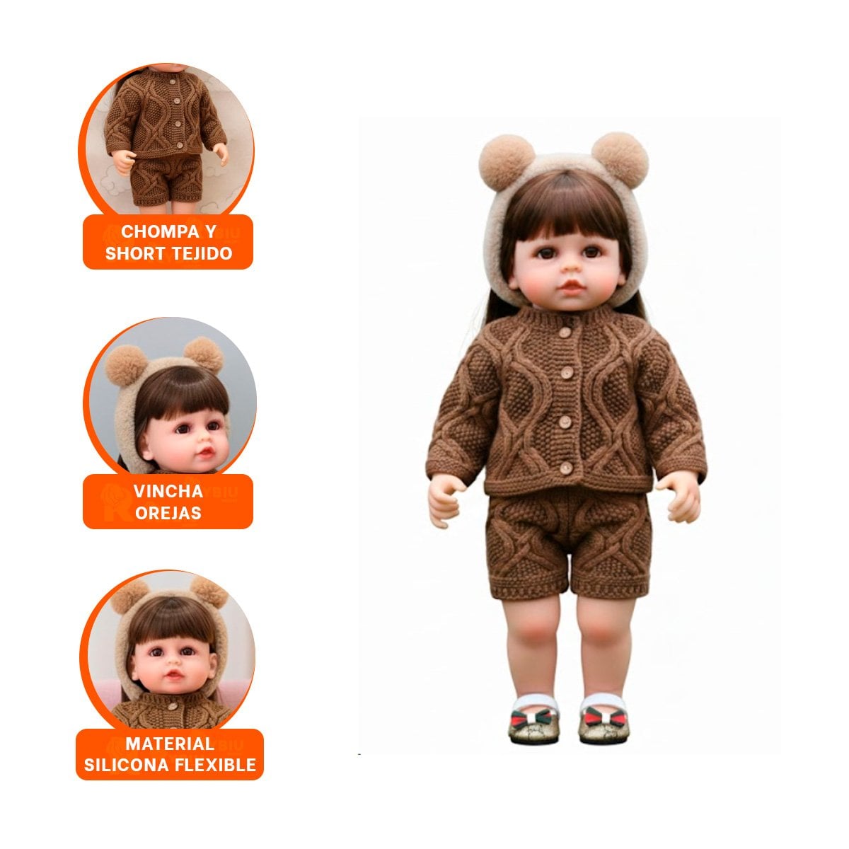 FIGURA YESSY MUNECA ESTILO TEJIDO CON CHOMPA SHORT Y VINCHA OREJAS 55CM Y+LIGAS REGALO - 3