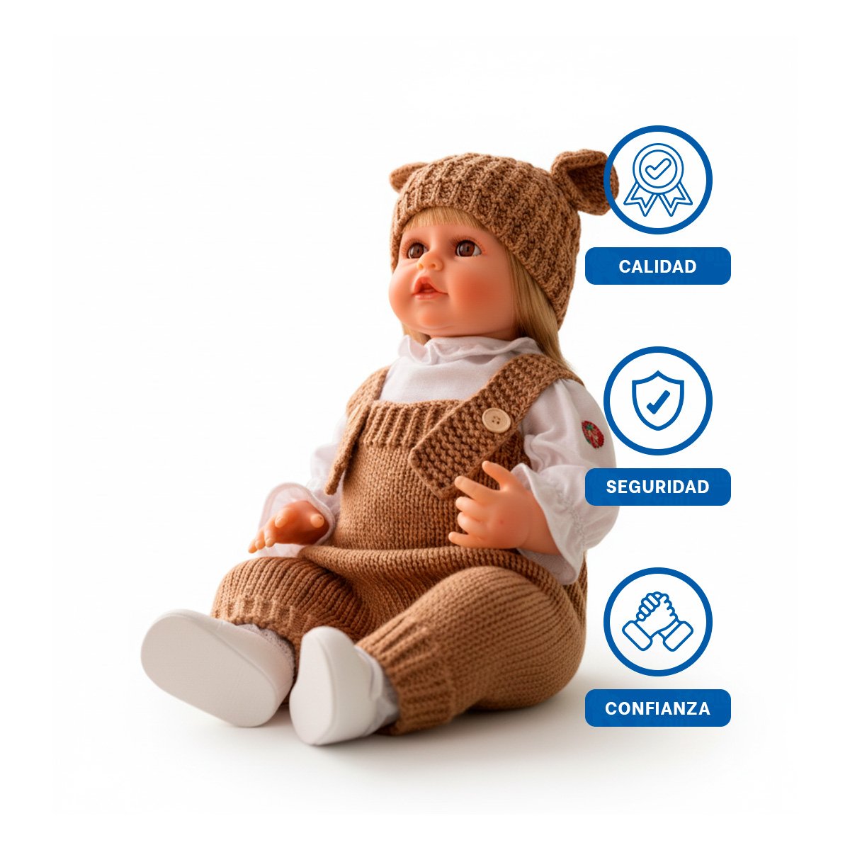 BEBE YESSY 55CM CON ATUENDO TEJIDO MARRON Y GORRO OREJITAS PARA JUEGO CREATIVO Y+LIGAS REGALO - 3
