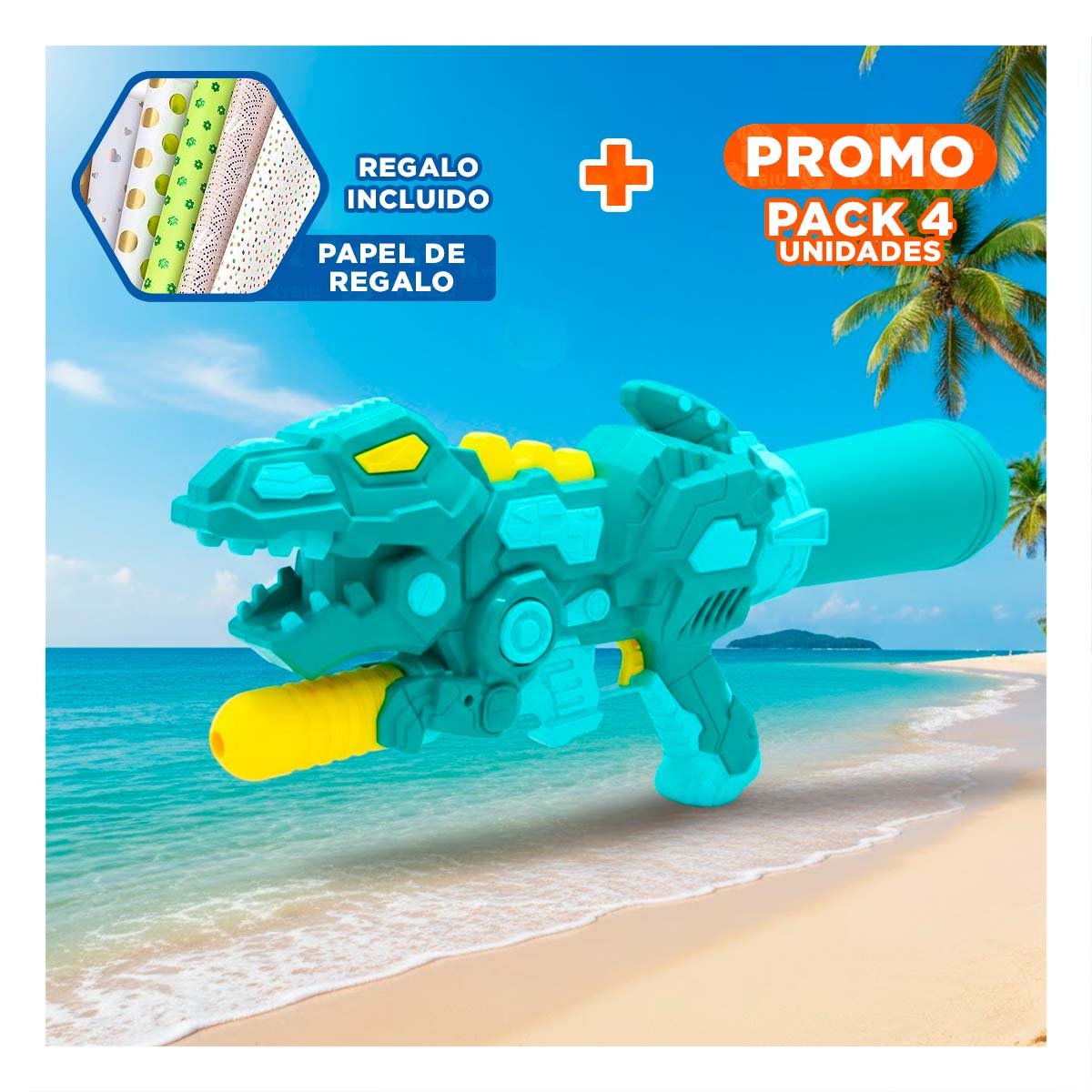 PACK4 ROCIADOR RECREATIVO DINOSAURIO VERDE PARA DIVERSION AL AIRE LIBRE Y+PAPEL REGALO - 1