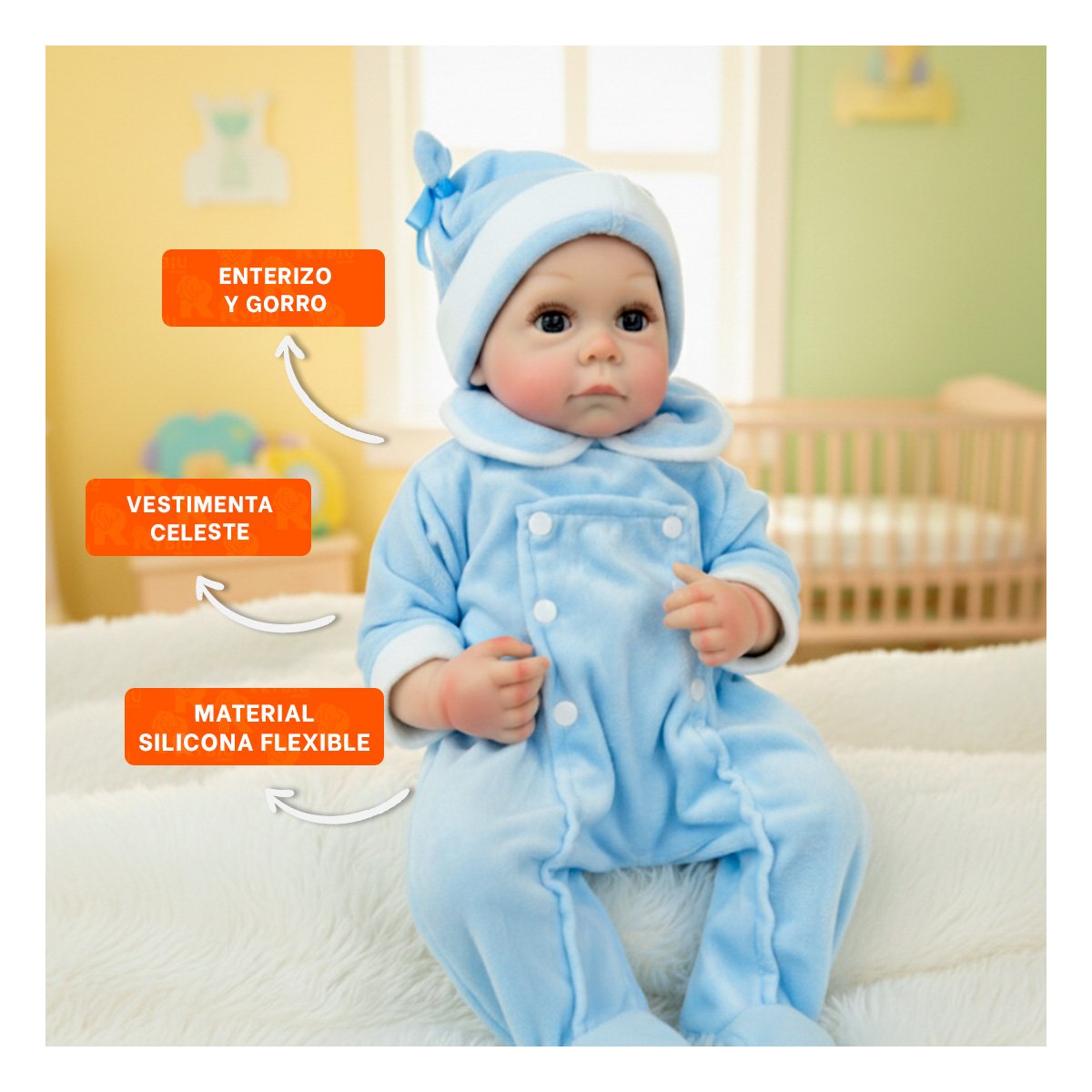 JUGUETE SUAVE DE BEBE REALISTA CON ENTERIZO Y GORRO CELESTE PARA HOGAR Y+POST IT - 2