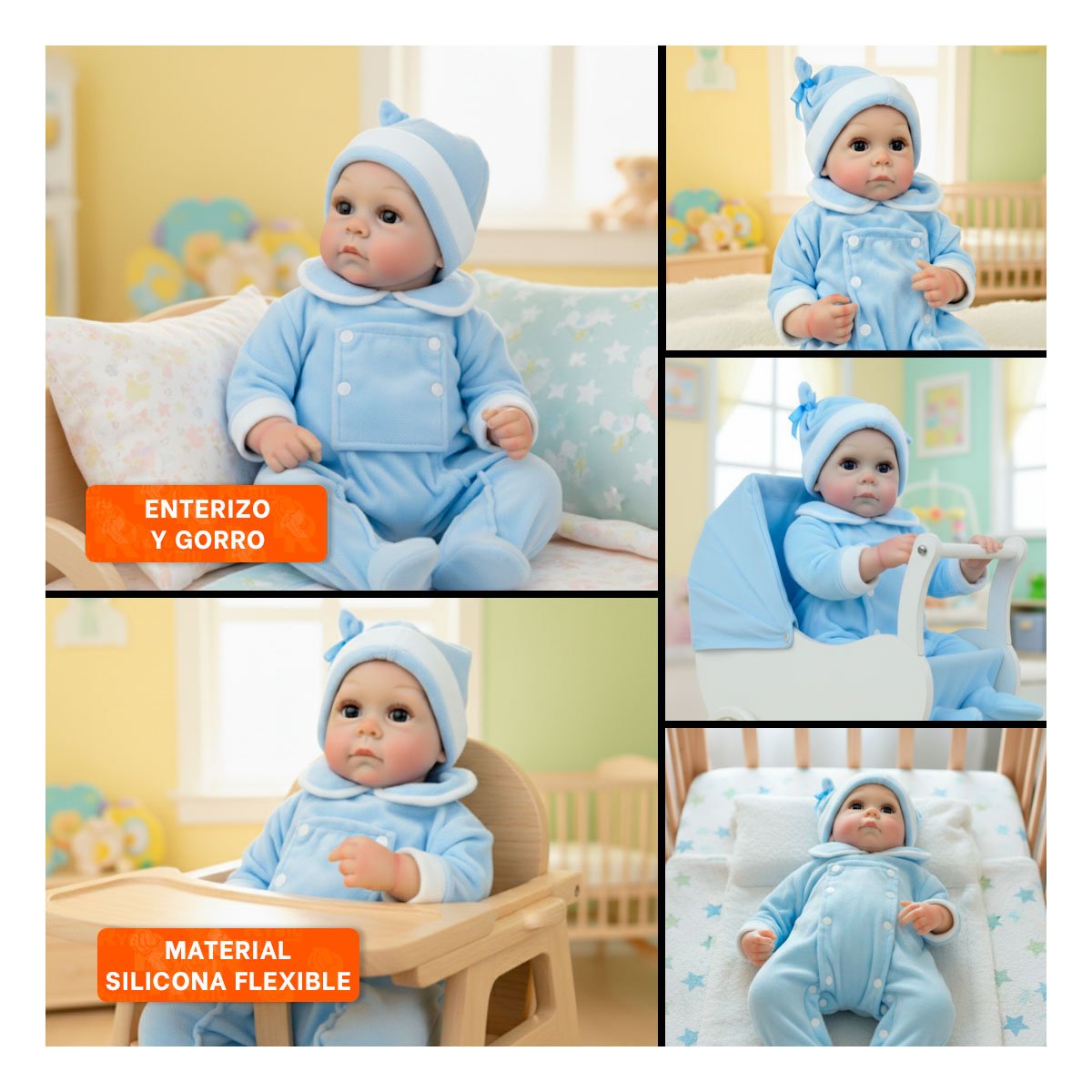 JUGUETE SUAVE DE BEBE REALISTA CON ENTERIZO Y GORRO CELESTE PARA HOGAR Y+POST IT - 5