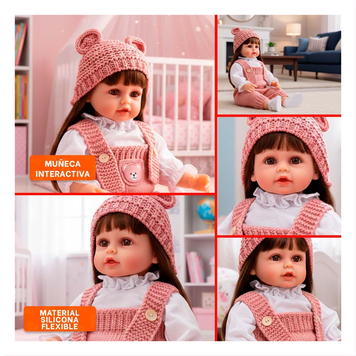 FIGURA YESSY CON OVEROL Y GORRO TEJIDO OREJITAS ROSADO DE 55CM DETALLE CUIDADO Y+POST IT - 5