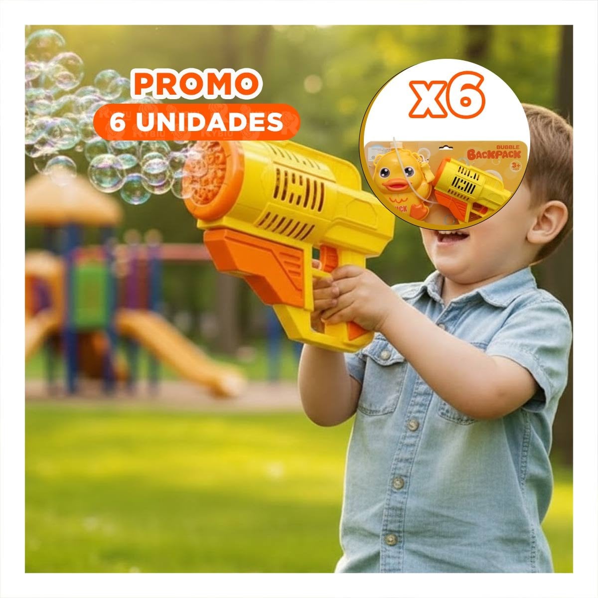 PACK6 DIVERSION DE BURBUJAS CON MOCHILA PORTATIL PATO AMARILLO PARA JUEGOS Y+REGALO STICKER - 1