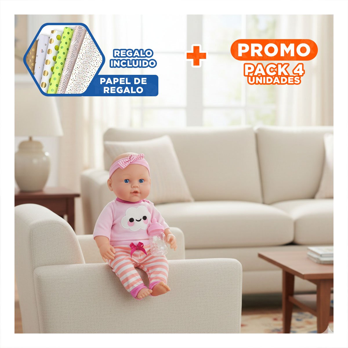 PACK4 FIGURA SUAVE ROSADA CON CHOMPA NUBE Y PANTALON RAYAS PARA BEBE HOGAR Y+PAPEL REGALO - 1