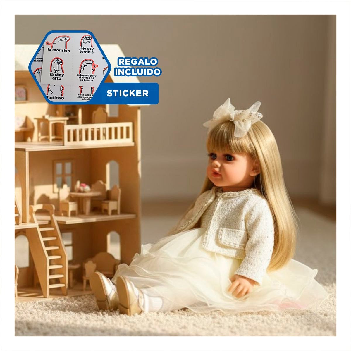 FIGURA YESSY 55CM ESTILO INFANTIL CON IMAGEN SUAVE Y VESTIMENTA BLANCO Y+REGALO STICKER - 1