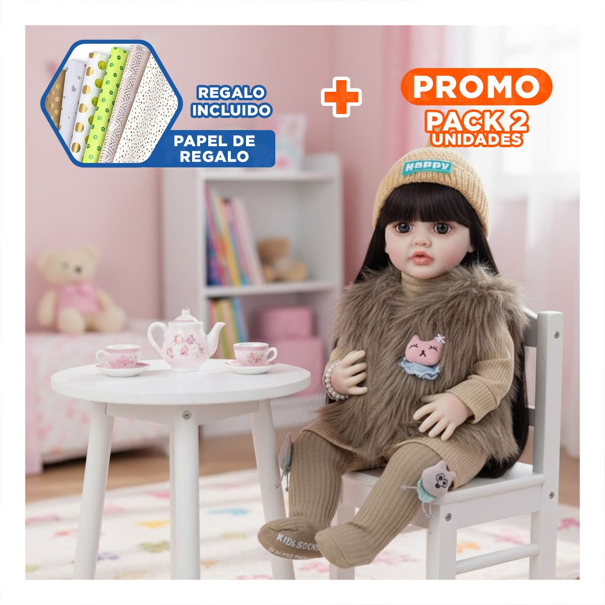 PACK2 MUÑECA CON FUNCION REAL INTELIGENTE PARA JUEGO INFANTIL CON 55CM EN MARRON Y+PAPEL REGALO - 1