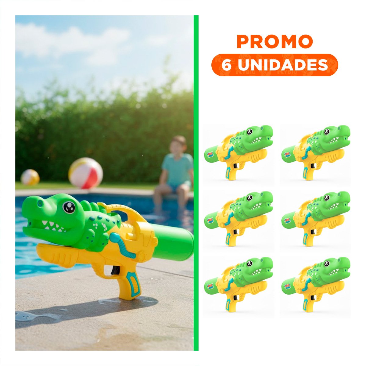 PACK6 LANZADOR DE AGUA DINOSAURIO VERDE CLARO PARA JUEGOS REFRESCANTES Y+REGALO STICKER - 1