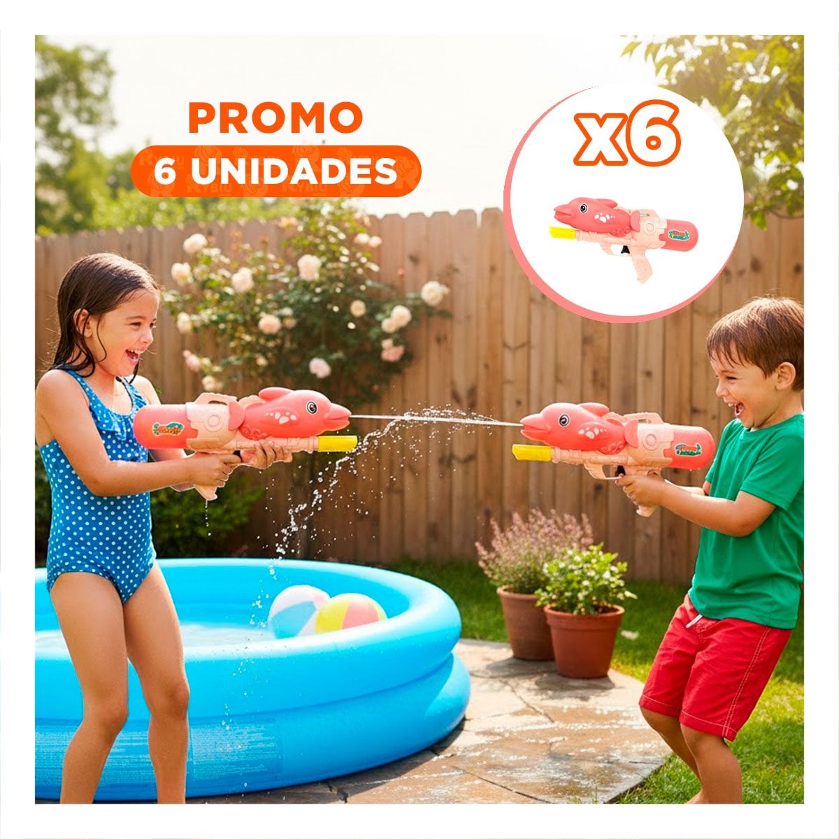 PACK6 ELEMENTO LUDICO DE AGUA CON DELFIN ROSADO PARA DIVERSION VERANIEGA Y+REGALO STICKER - 1