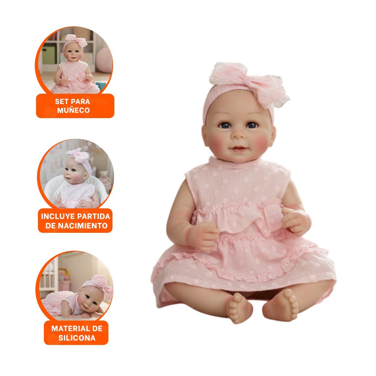 FIGURA INFANTIL REALISTA CON VESTIDO ROSADO VUELOS Y VINCHA PUNTITOS TEXTURA SUAVE - 3