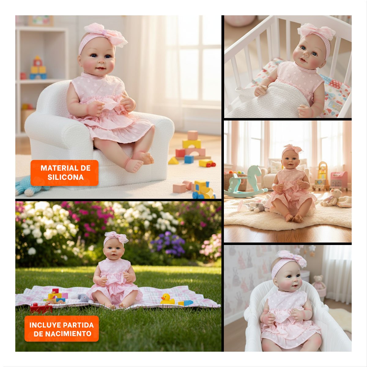 FIGURA INFANTIL REALISTA CON VESTIDO ROSADO VUELOS Y VINCHA PUNTITOS TEXTURA SUAVE - 5
